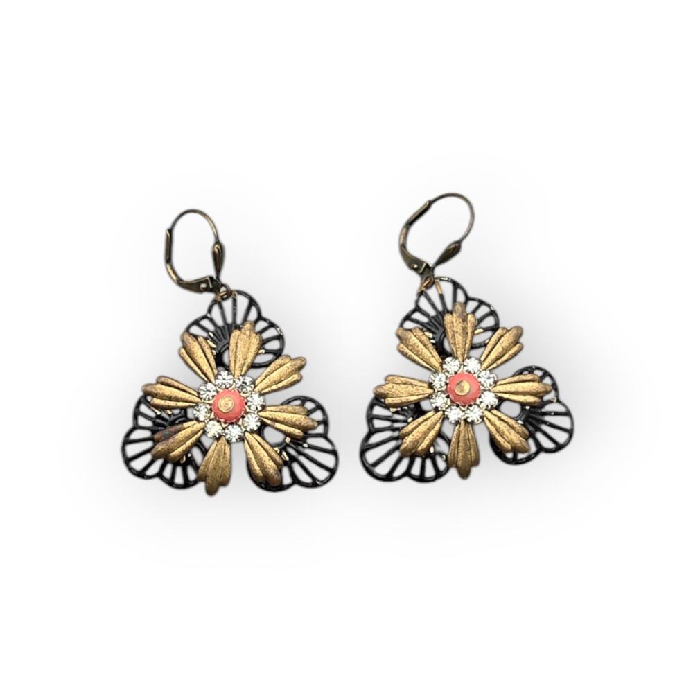 Coral Gold Filigree Floral Drop Earrings Rhinestone Accent - Romantic Victorian